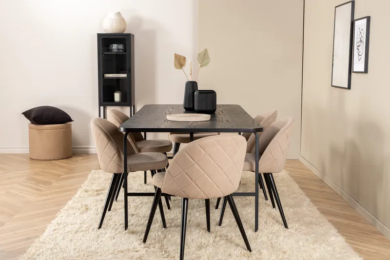 Uno Spisegruppe 200 cm Rektangulær med 6 Velvet Stoler, Beige
