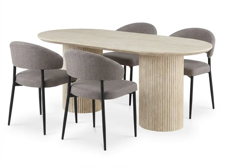 Uppveda Ovalt Spisebord 180x90 cm med 4 Sawako Greige Stoler, Travertin/Greige