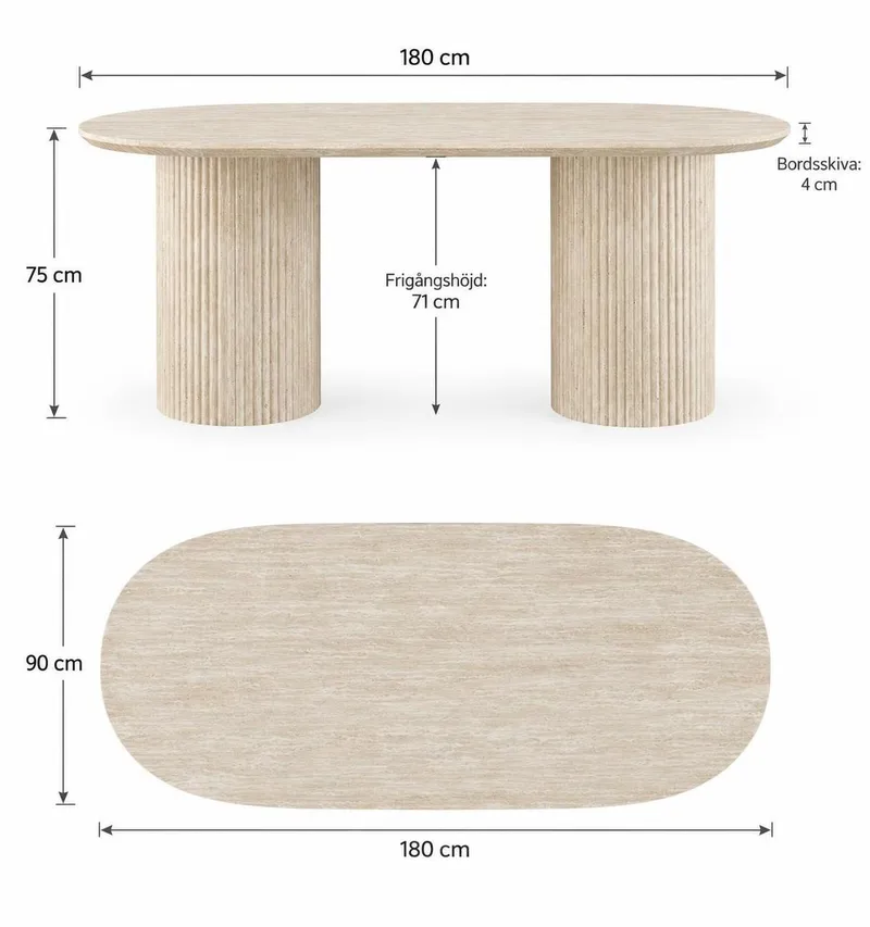 Uppveda ovalt spisebord 180x90 cm med travertinutseende - Beige - Møbler - Bord - Spisebord & kjøkkenbord