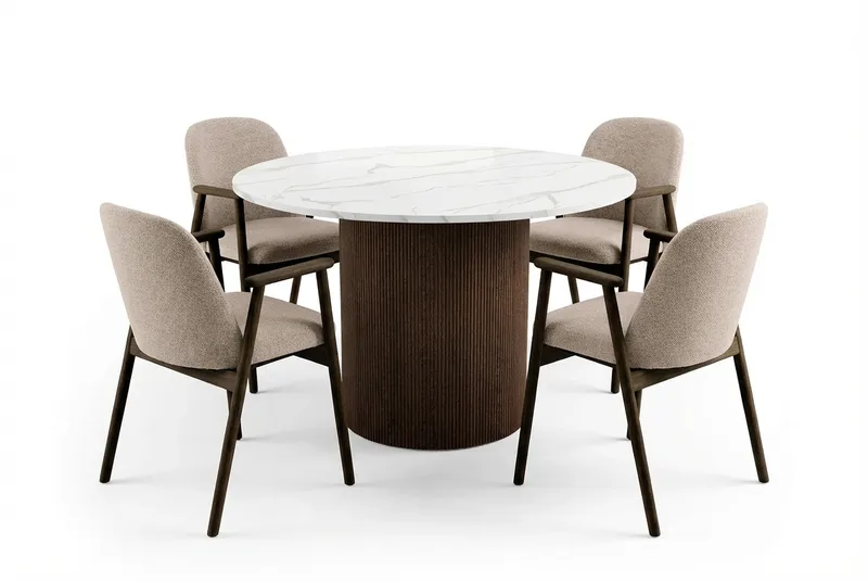 Uppveda Rundt Spisebord 120 cm med 4 Reciclar Spisestoler - Hvit/Brun/Greige - Møbler - Bord - Spisegrupper