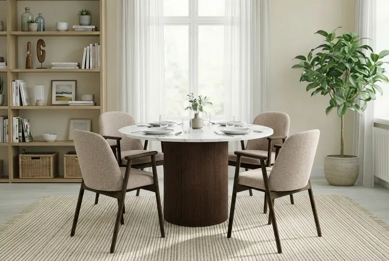 Uppveda Rundt Spisebord 120 cm med 4 Reciclar Spisestoler - Hvit/Brun/Greige - Møbler - Bord - Spisegrupper