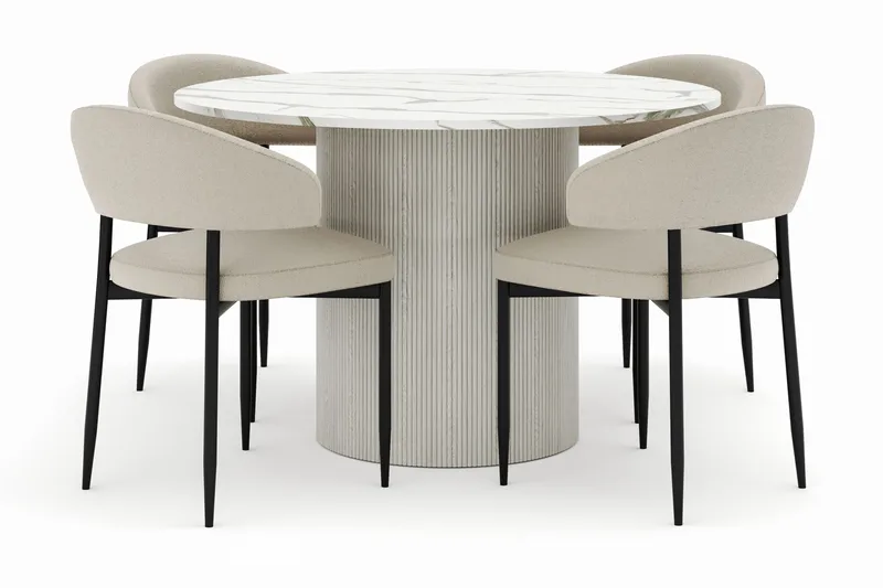 Uppveda Rundt Spisebord 120 cm med 4 Sawako Stoler, Hvit