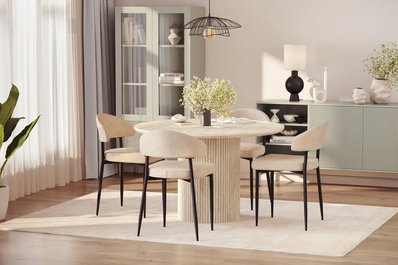 Uppveda Rundt Spisebord 120 cm med travertin-look med 4 stk Jairam Spisestoler - Beige - Møbler - Bord - Spisegrupper