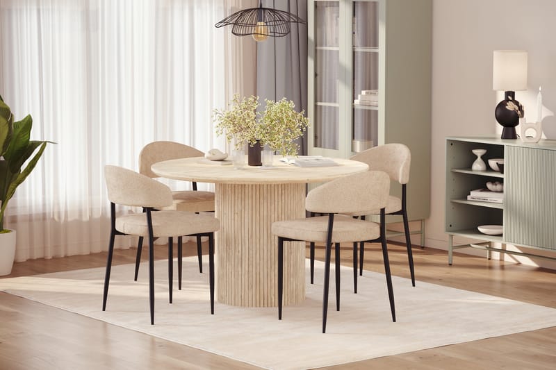 Uppveda Rundt Spisebord 120 cm med travertin-look med 4 stk Jairam Spisestoler - Beige - Møbler - Bord - Spisegrupper