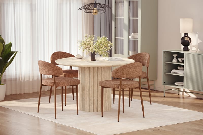 Uppveda Rundt Spisebord 120 cm med travertin-look med 4 stk Jairam Spisestoler - Beige - Møbler - Bord - Spisegrupper