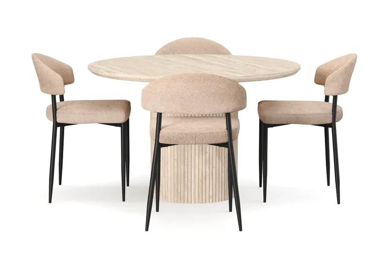 Uppveda Rundt Spisebord 120 cm med travertin-look med 4 stk Jairam Spisestoler - Beige - Møbler - Bord - Spisegrupper