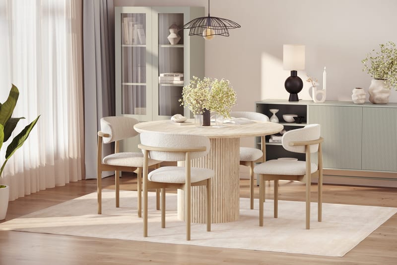 Uppveda Rundt Spisebord 120 cm med travertin-look med 4 stk Jaiveer Spisestoler - Beige - Møbler - Bord - Spisegrupper