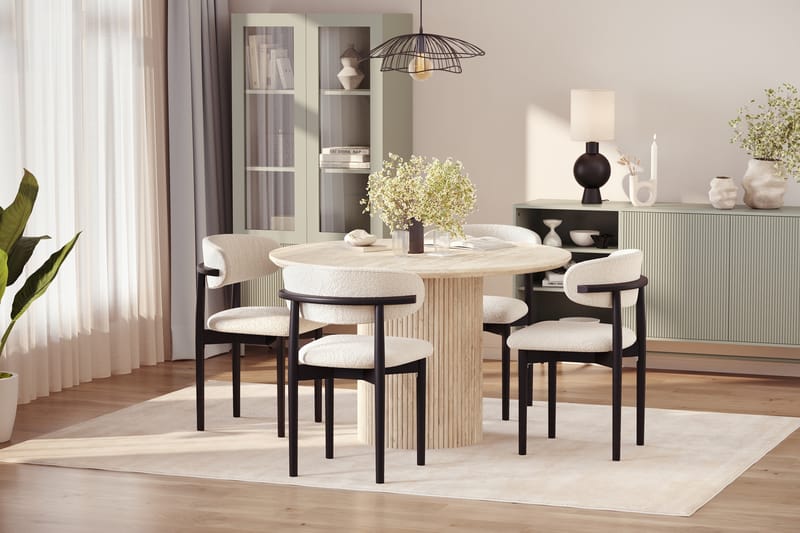 Uppveda Rundt Spisebord 120 cm med travertin-look med 4 stk Jaiveer Spisestoler - Beige - Møbler - Bord - Spisegrupper
