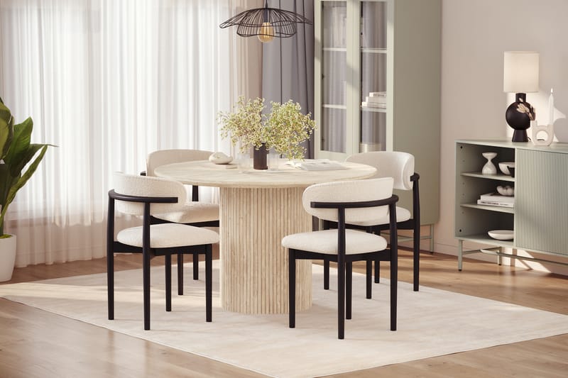 Uppveda Rundt Spisebord 120 cm med travertin-look med 4 stk Jaiveer Spisestoler - Beige - Møbler - Bord - Spisegrupper
