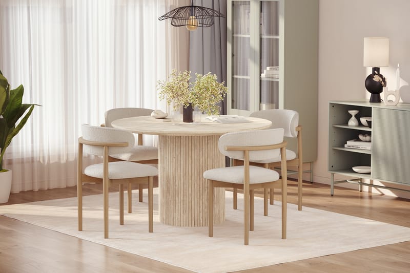 Uppveda Rundt Spisebord 120 cm med travertin-look med 4 stk Jaiveer Spisestoler - Beige - Møbler - Bord - Spisegrupper