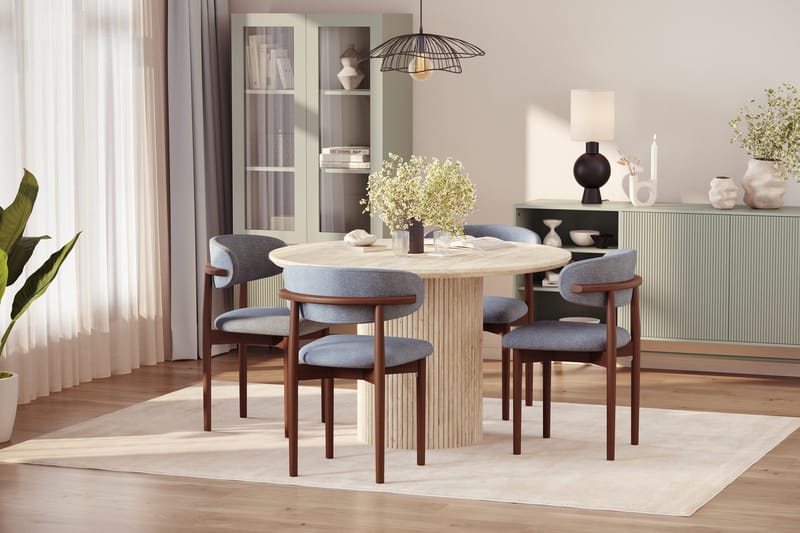 Uppveda Rundt Spisebord 120 cm med travertin-look med 4 stk Jaiveer Spisestoler - Beige - Møbler - Bord - Spisegrupper