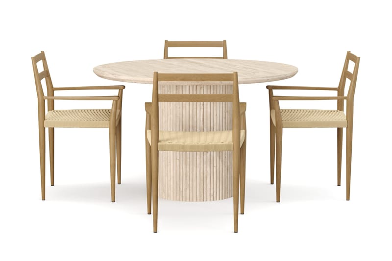 Uppveda Rundt Spisebord 120 cm med travertin-look med 4 stk Jamna Armstoler - Beige - Møbler - Bord - Spisegrupper