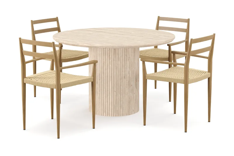 Uppveda Rundt Spisebord 120 cm med travertin-look med 4 stk Jamna Armstoler, Beige