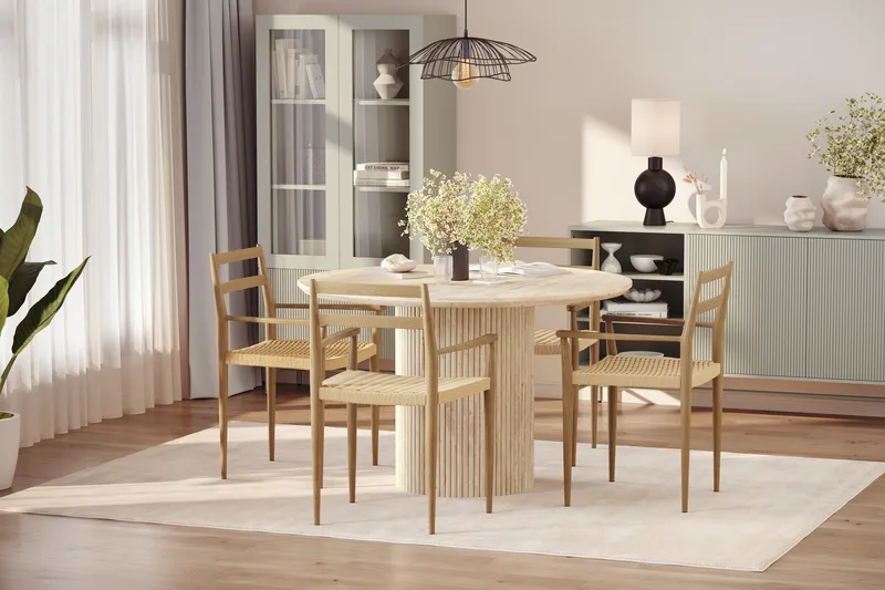 Uppveda Rundt Spisebord 120 cm med travertin-look med 4 stk Jamna Armstoler - Beige - Møbler - Bord - Spisegrupper