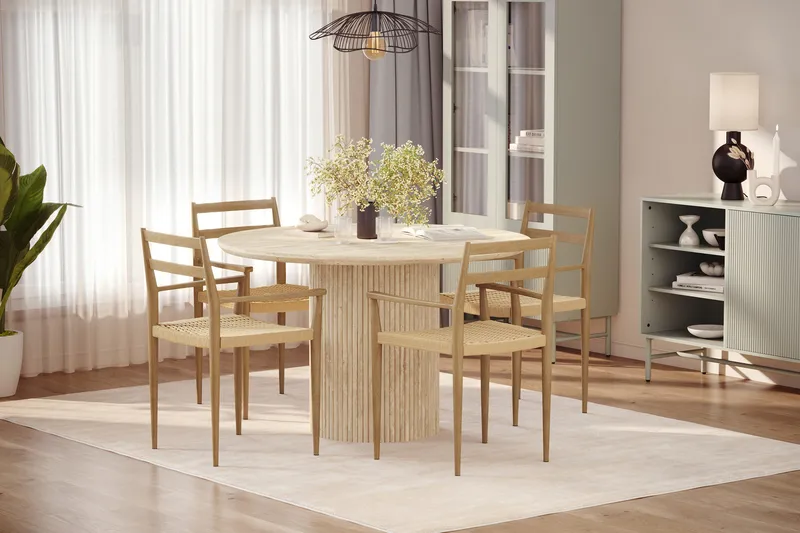 Uppveda Rundt Spisebord 120 cm med travertin-look med 4 stk Jamna Armstoler - Beige - Møbler - Bord - Spisegrupper