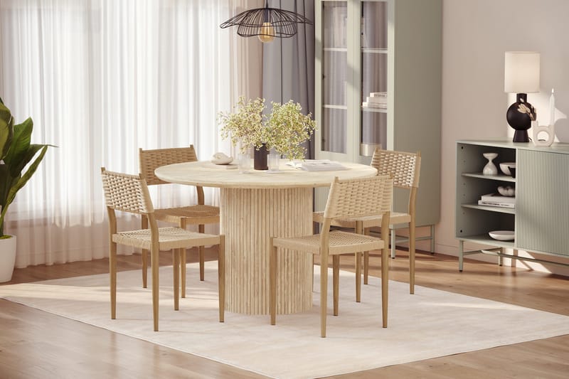 Uppveda Rundt Spisebord 120 cm med travertin-look med 4 stk Jamna Spisestoler - Beige - Møbler - Bord - Spisegrupper