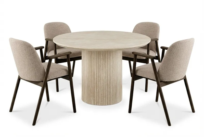Uppveda Rundt Spisebord 120 cm Travertin med 4 Reciclar Spisestoler, Travertin/Greige