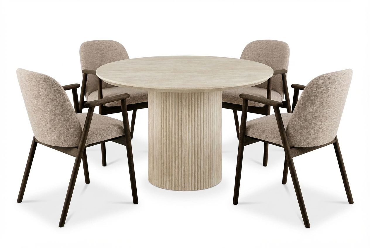 Uppveda Rundt Spisebord 120 cm Travertin med 4 Reciclar Spisestoler - Travertin/Greige