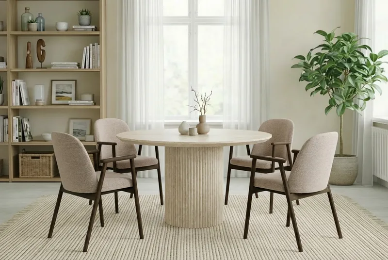 Uppveda Rundt Spisebord 120 cm Travertin med 4 Reciclar Spisestoler - Travertin/Greige - Møbler - Bord - Spisegrupper