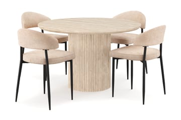 Uppveda Rundt Spisebord 130 cm med travertin-look med 4 stk Jairam Spisestoler - Beige - Møbler - Bord - Spisegrupper