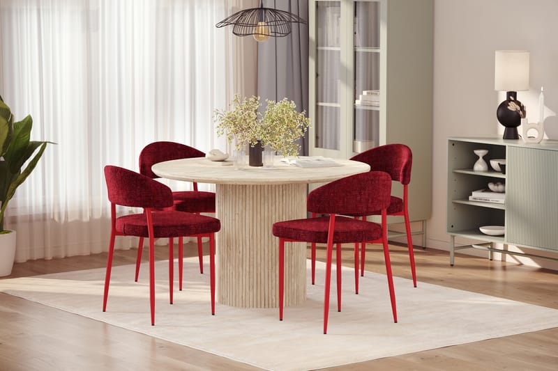 Uppveda Rundt Spisebord 130 cm med travertin-look med 4 stk Jairam Spisestoler - Beige - Møbler - Bord - Spisegrupper