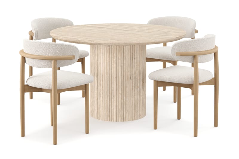 Uppveda Rundt Spisebord 130 cm med travertin-look med 4 stk Jaiveer Spisestoler - Beige - Møbler - Bord - Spisegrupper