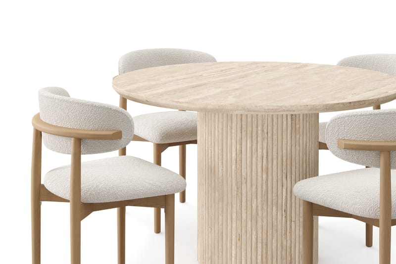 Uppveda Rundt Spisebord 130 cm med travertin-look med 4 stk Jaiveer Spisestoler - Beige - Møbler - Bord - Spisegrupper