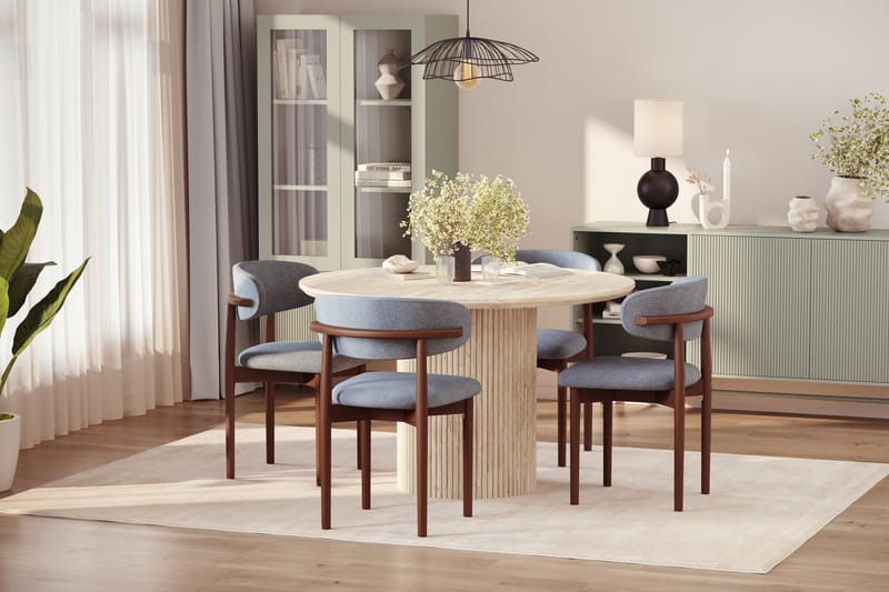 Uppveda Rundt Spisebord 130 cm med travertin-look med 4 stk Jaiveer Spisestoler - Beige - Møbler - Bord - Spisegrupper