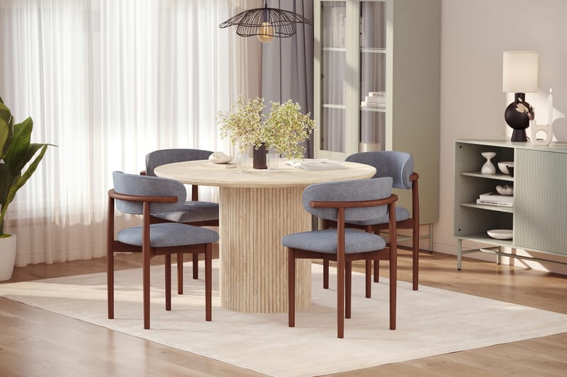Uppveda Rundt Spisebord 130 cm med travertin-look med 4 stk Jaiveer Spisestoler - Beige - Møbler - Bord - Spisegrupper