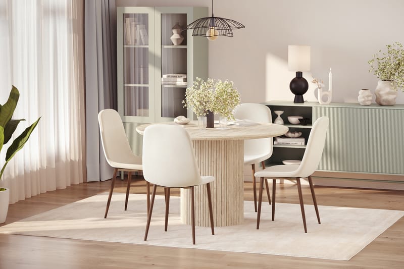 Uppveda Rundt Spisebord 130 cm med travertin-look med 4 stk Nibe Spisestoler - Beige - Møbler - Bord - Spisegrupper