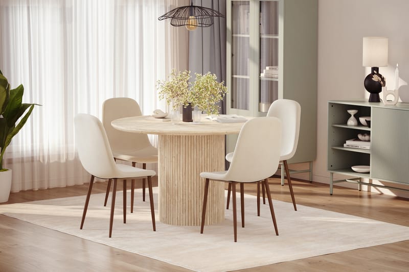 Uppveda Rundt Spisebord 130 cm med travertin-look med 4 stk Nibe Spisestoler - Beige - Møbler - Bord - Spisegrupper