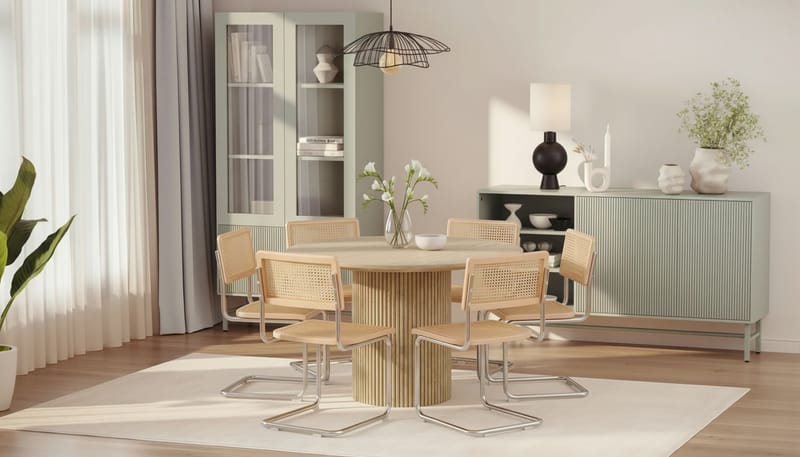 Uppveda Rundt Spisebord 130 cm med travertin-look med 6 stk Build Spisestoler - Beige - Møbler - Bord - Spisegrupper