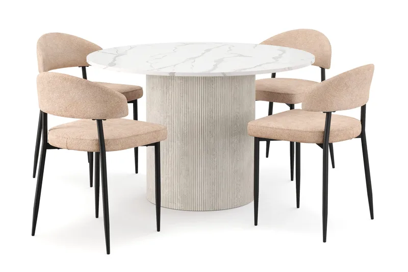 Uppveda Spisebord 120 cm Rund med 4 stk Jairam Matstkolar, Hvit