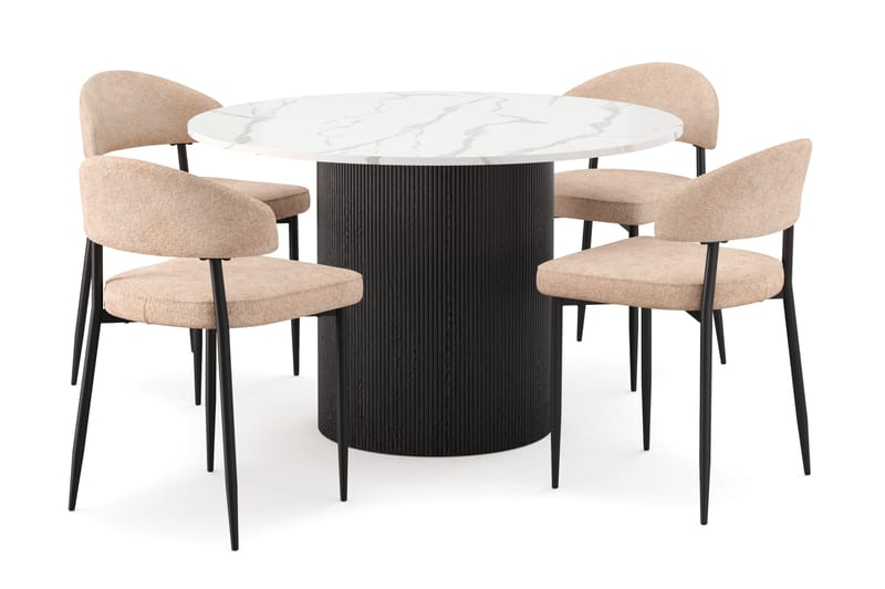 Uppveda Spisebord 120 cm Rund med 4 stk Jairam Matstkolar, Svart/Hvit
