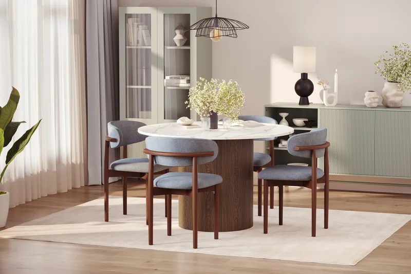 Uppveda Spisebord 120 cm Rund med 4 stk Jaiveer Matstkolar - Brun - Møbler - Bord - Spisegrupper