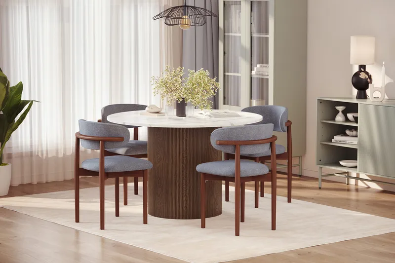 Uppveda Spisebord 120 cm Rund med 4 stk Jaiveer Matstkolar - Brun - Møbler - Bord - Spisegrupper