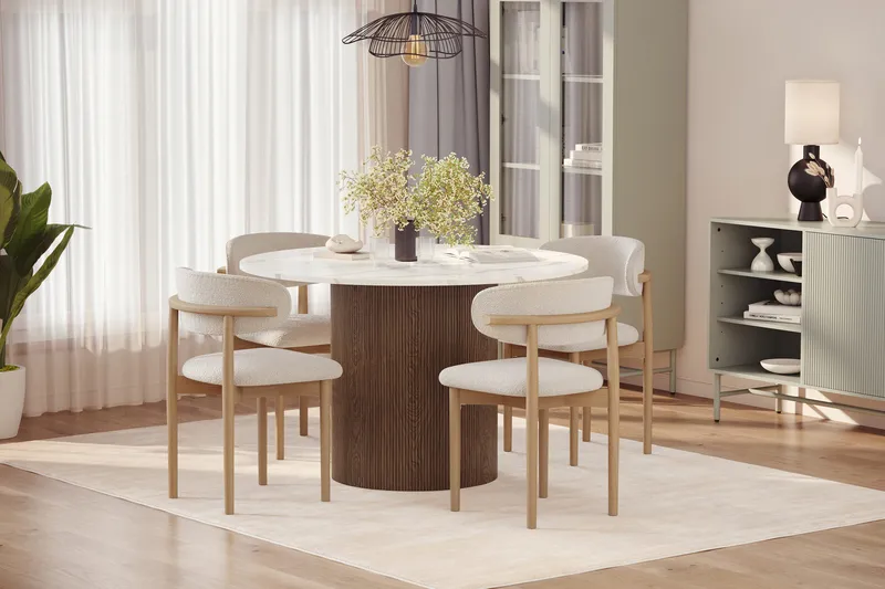 Uppveda Spisebord 120 cm Rund med 4 stk Jaiveer Matstkolar - Brun - Møbler - Bord - Spisegrupper