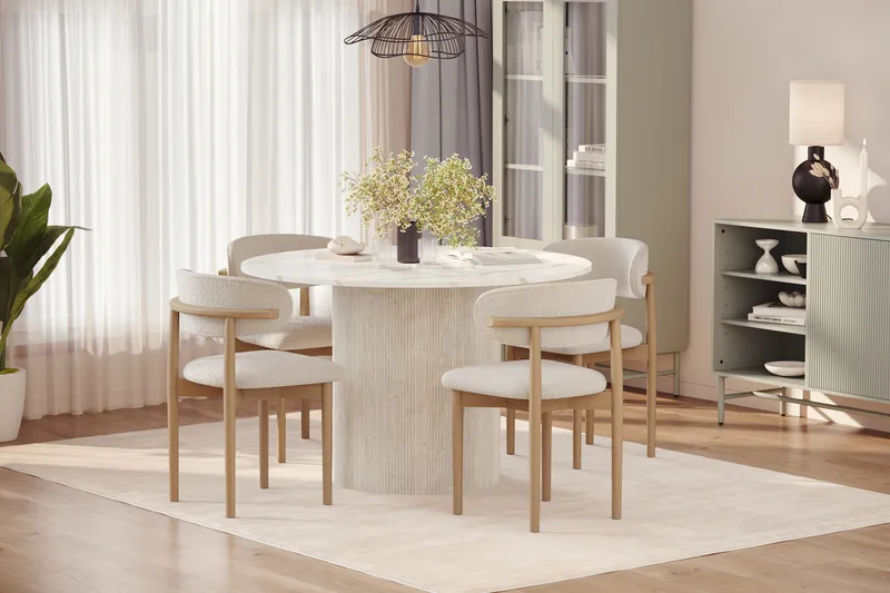 Uppveda Spisebord 120 cm Rund med 4 stk Jaiveer Matstkolar - Hvit - Møbler - Bord - Spisegrupper