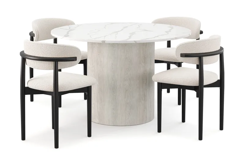 Uppveda Spisebord 120 cm Rund med 4 stk Jaiveer Matstkolar, Hvit