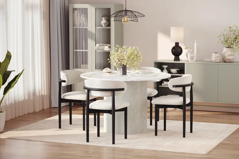 Uppveda Spisebord 120 cm Rund med 4 stk Jaiveer Matstkolar - Hvit - Møbler - Bord - Spisegrupper