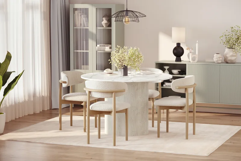 Uppveda Spisebord 120 cm Rund med 4 stk Jaiveer Matstkolar - Hvit - Møbler - Bord - Spisegrupper