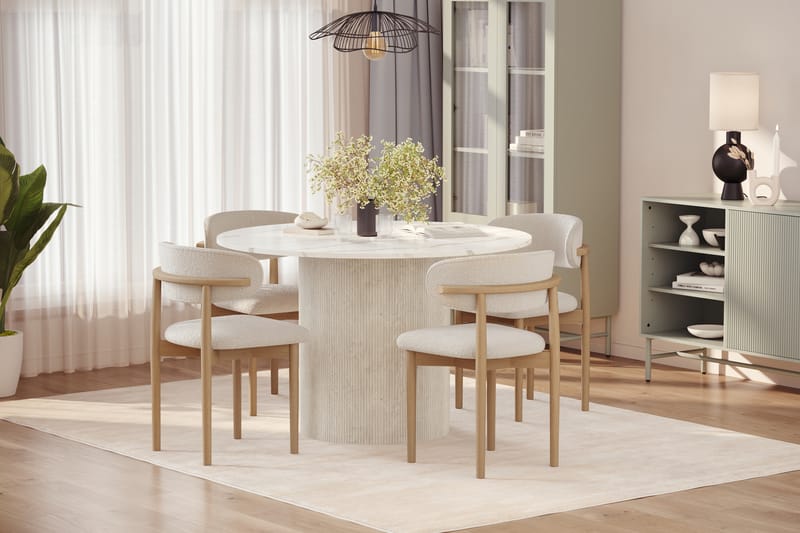 Uppveda Spisebord 120 cm Rund med 4 stk Jaiveer Matstkolar - Hvit - Møbler - Bord - Spisegrupper