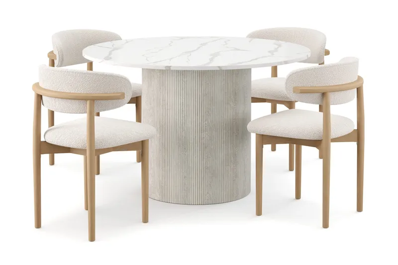Uppveda Spisebord 120 cm Rund med 4 stk Jaiveer Matstkolar - Hvit - Møbler - Bord - Spisegrupper