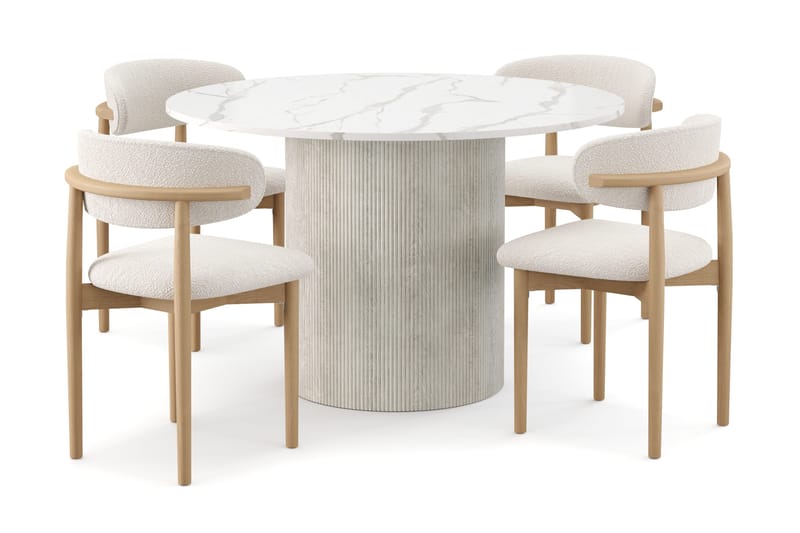 Uppveda Spisebord 120 cm Rund med 4 stk Jaiveer Matstkolar, Hvit