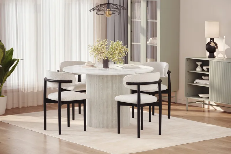 Uppveda Spisebord 120 cm Rund med 4 stk Jaiveer Matstkolar - Hvit - Møbler - Bord - Spisegrupper