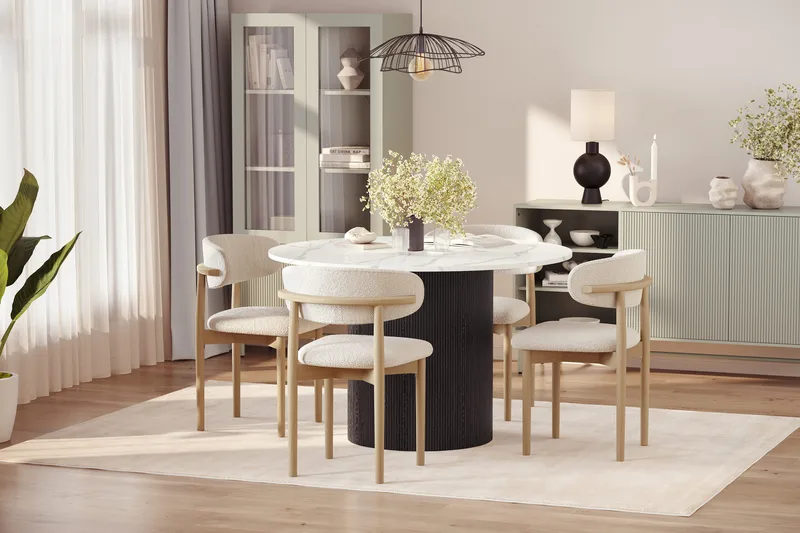 Uppveda Spisebord 120 cm Rund med 4 stk Jaiveer Matstkolar - Svart/Hvit - Møbler - Bord - Spisegrupper