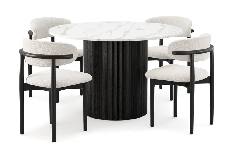 Uppveda Spisebord 120 cm Rund med 4 stk Jaiveer Matstkolar, Svart/Hvit