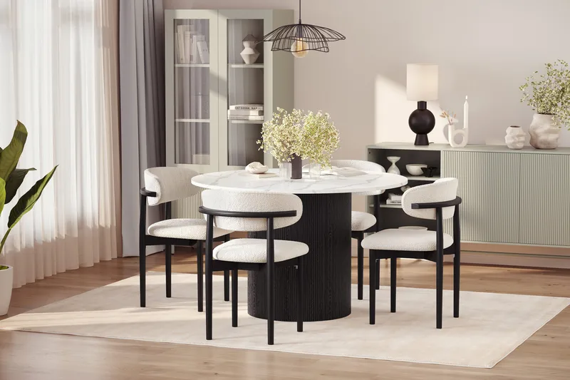 Uppveda Spisebord 120 cm Rund med 4 stk Jaiveer Matstkolar - Svart/Hvit - Møbler - Bord - Spisegrupper