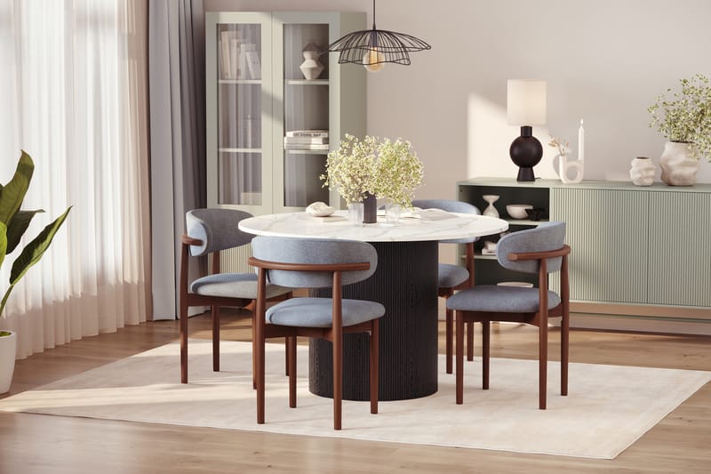 Uppveda Spisebord 120 cm Rund med 4 stk Jaiveer Matstkolar - Svart/Hvit - Møbler - Bord - Spisegrupper