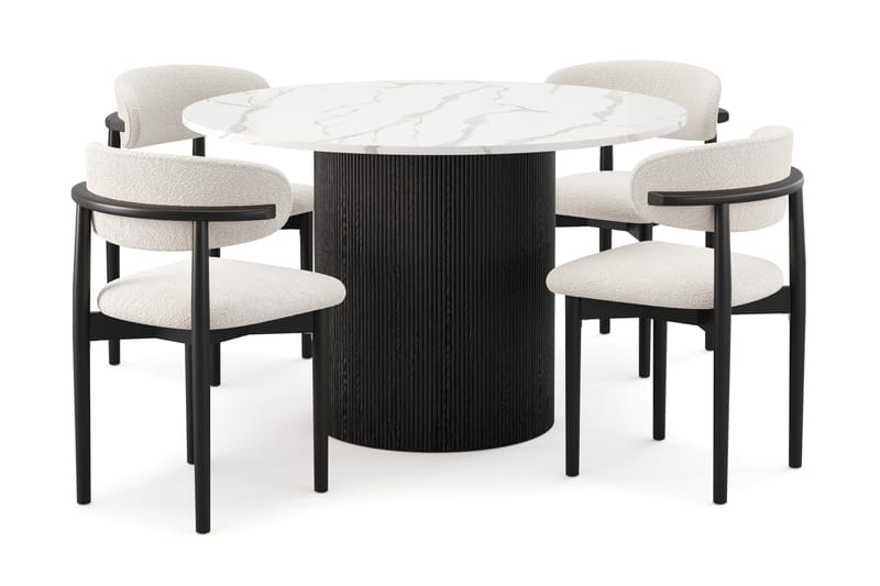Uppveda Spisebord 120 cm Rund med 4 stk Jaiveer Matstkolar - Svart/Hvit - Møbler - Bord - Spisegrupper